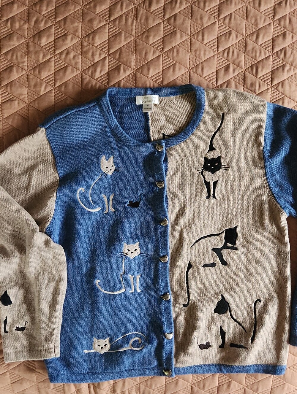 Christopher & Banks Blue and Beige Colorblock Cardigan. Siamese Cat Detail